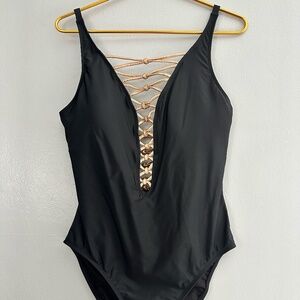 Bleu Rod Beattie Black and Gold Lace-Down One-Piece Swimsuit